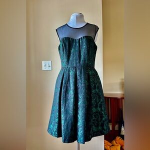Studio One New York Green Jacquard Sheer Top Illusion Cocktail A-Line Dress 12